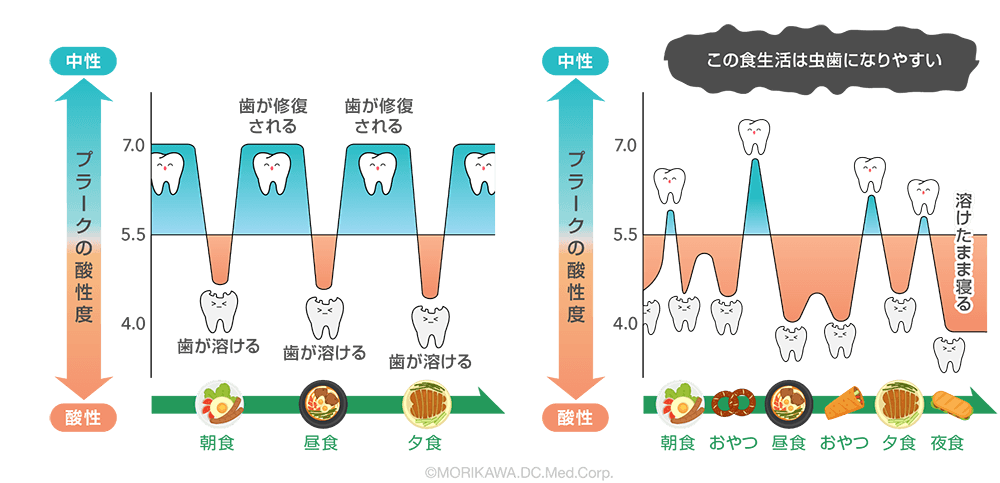 食事の回数とpHの変化（ステファンカーブ）